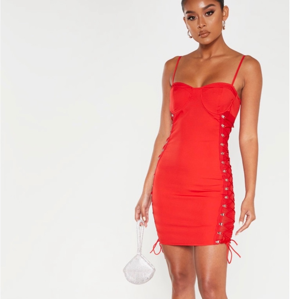 Red Cup Detail Mesh Lace Up Bodycon Dress